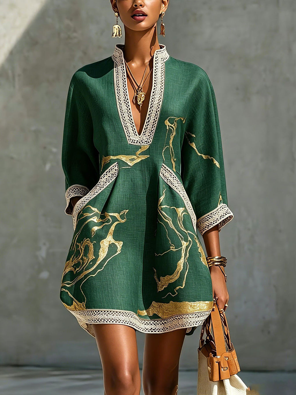 Lace V-Neck Printed Mini Dress