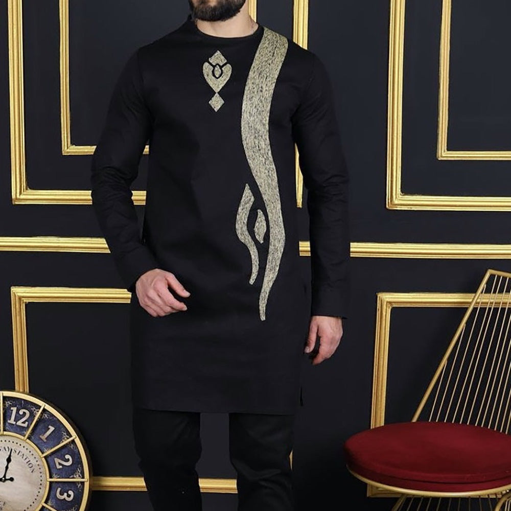 Traditional Muslim African Style Men Wedding New Suit 2 Piece Set Round Neck Long Sleeve Top Plus Pants Foreign Trade
