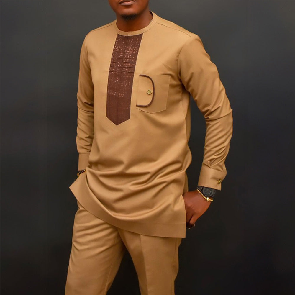 Traditional Muslim African Style Men Wedding New Suit 2 Piece Set Round Neck Long Sleeve Top Plus Pants Foreign Trade