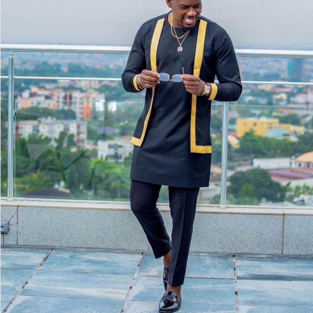 Traditional Muslim African Style Men Wedding New Suit 2 Piece Set Round Neck Long Sleeve Top Plus Pants Foreign Trade