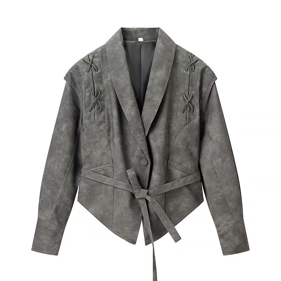 Faux Leather Lace Up Blazer Jacket
