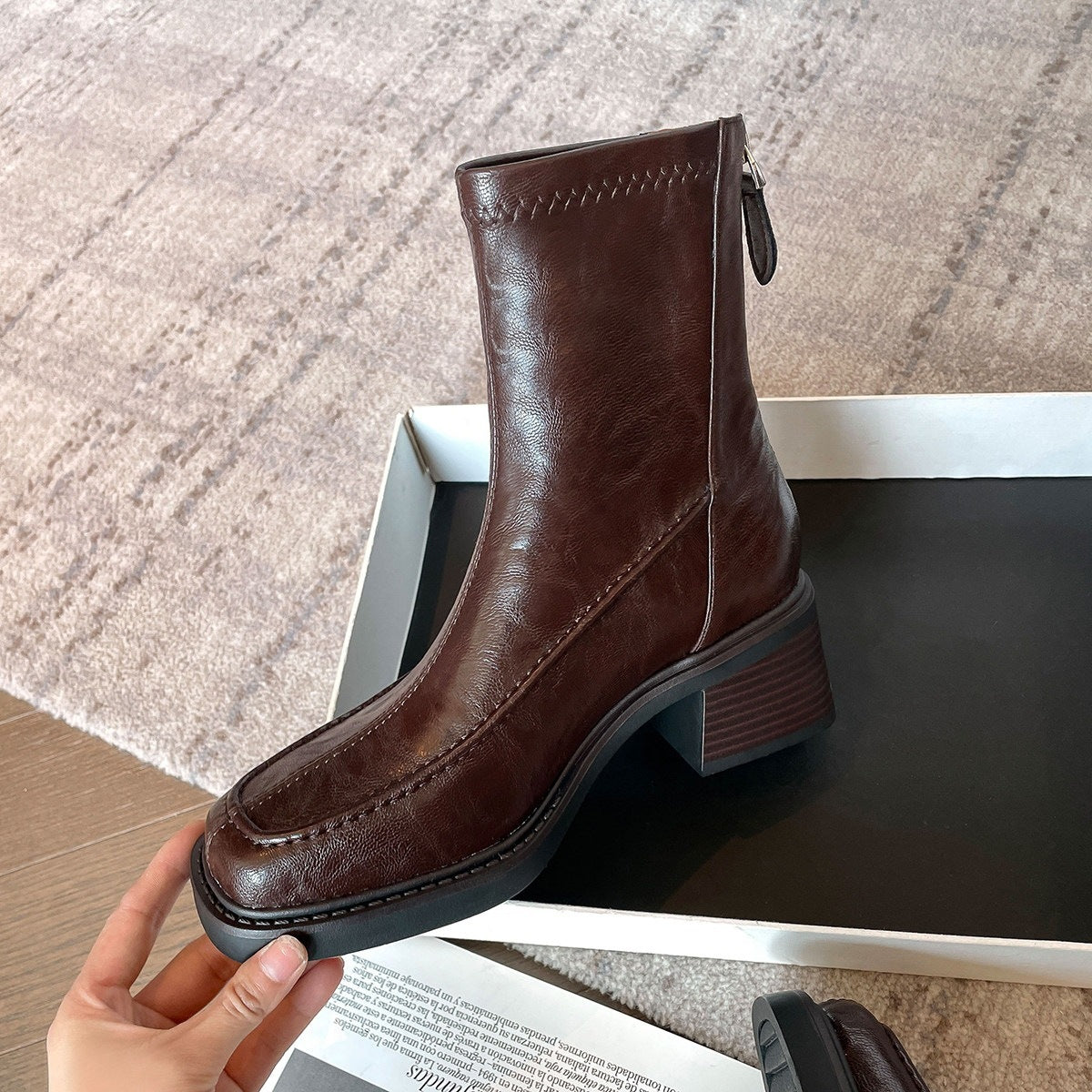 Square-Toe Leather Ankle Boots