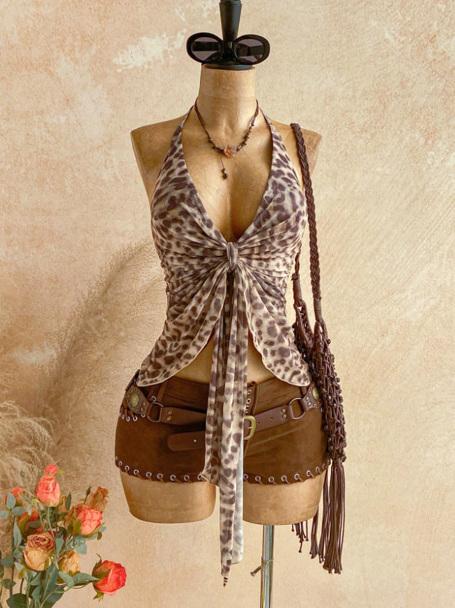 Floral Halter Tie Front Mesh Top