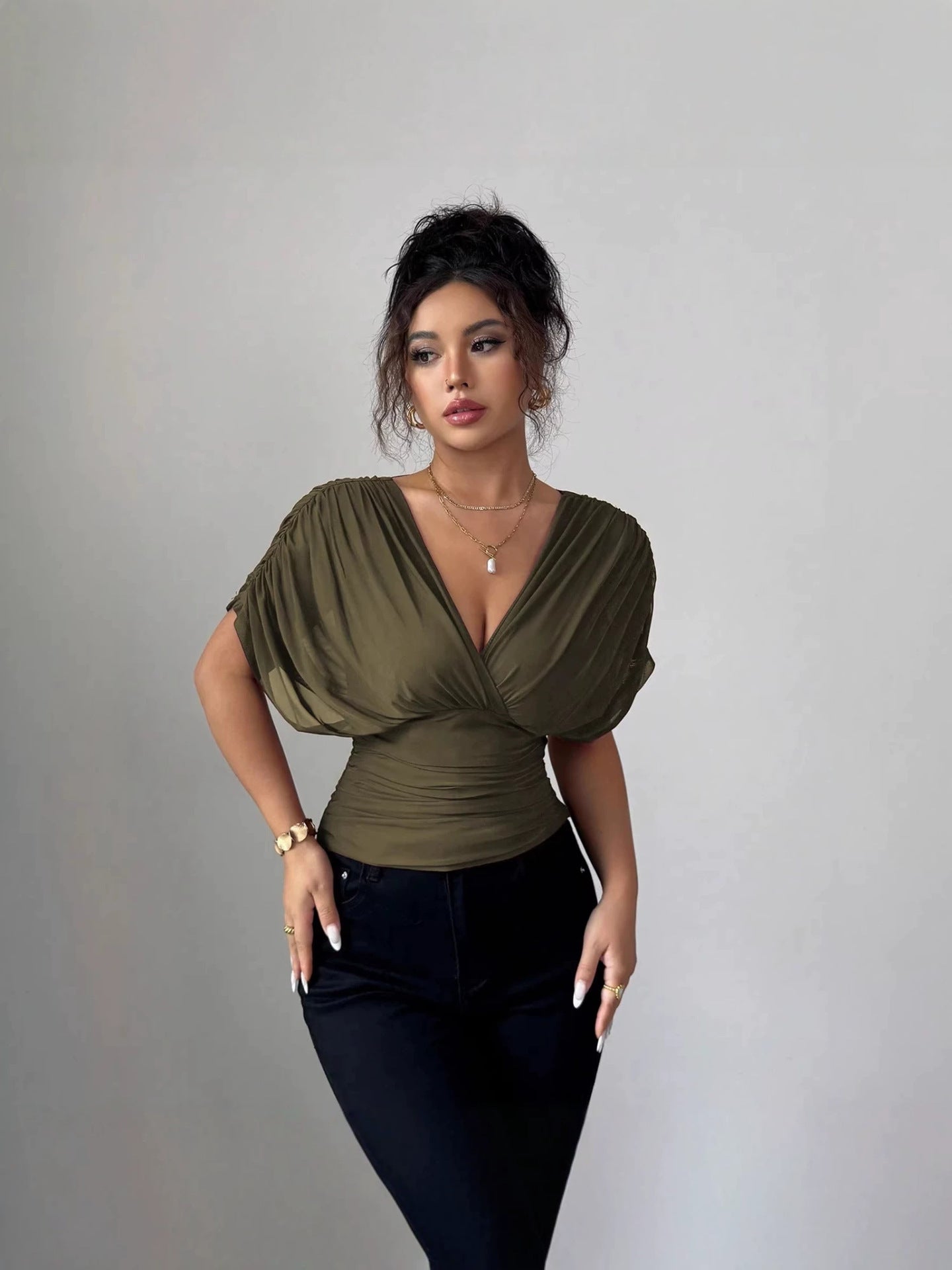 Elegant Ruched V Neck Drape Top