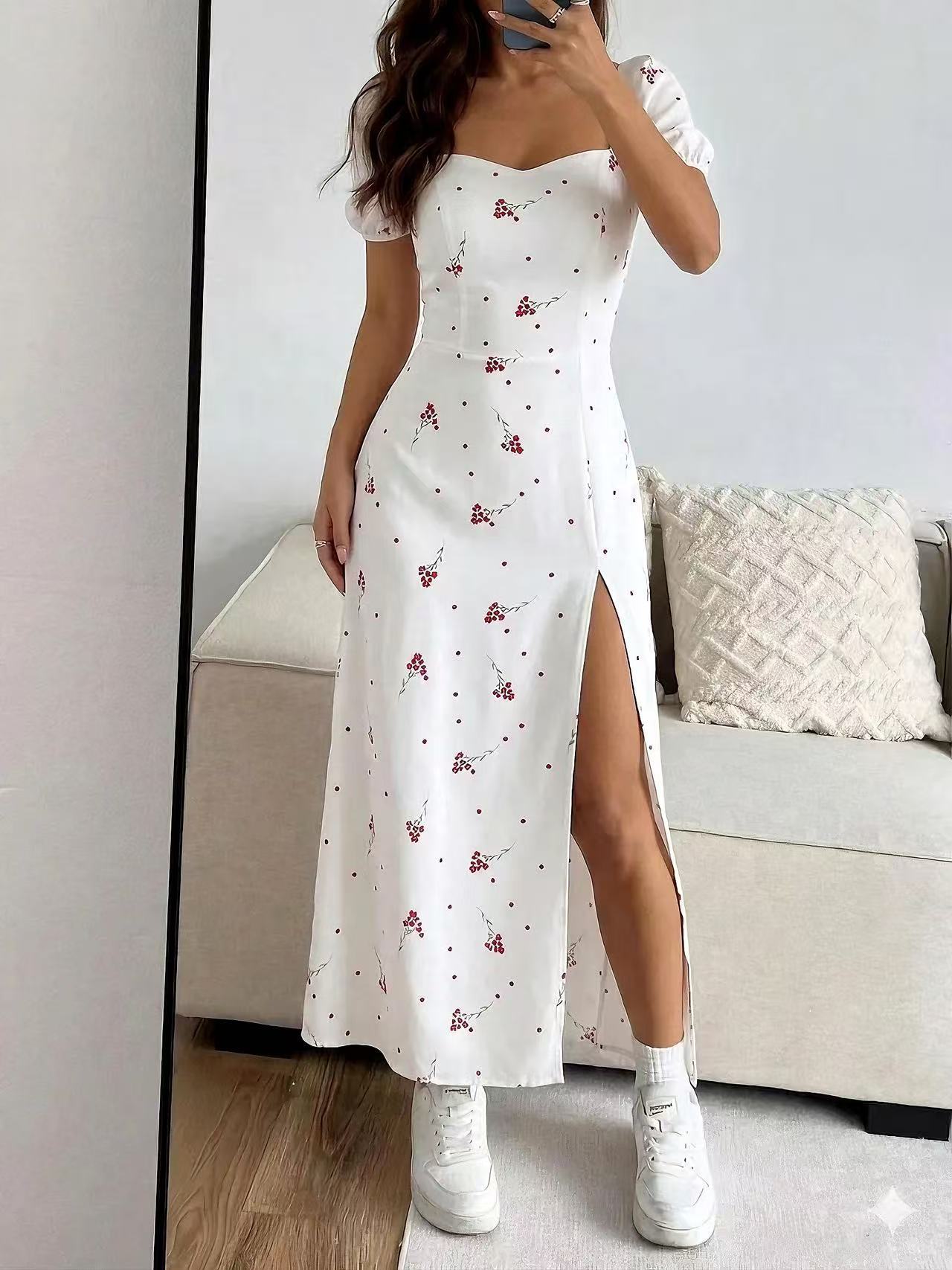 Sweetheart Neck Floral Slit Dress
