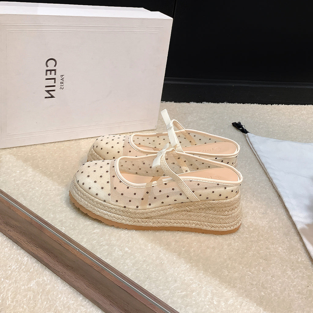 Polka-Dot Mesh Wedge Mules
