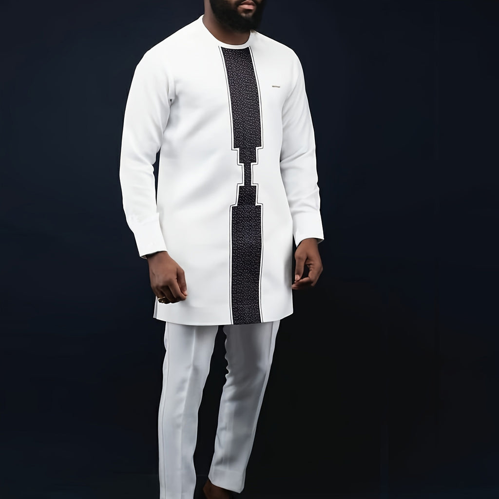 Traditional Muslim African Style Men Wedding New Suit 2 Piece Set Round Neck Long Sleeve Top Plus Pants Foreign Trade