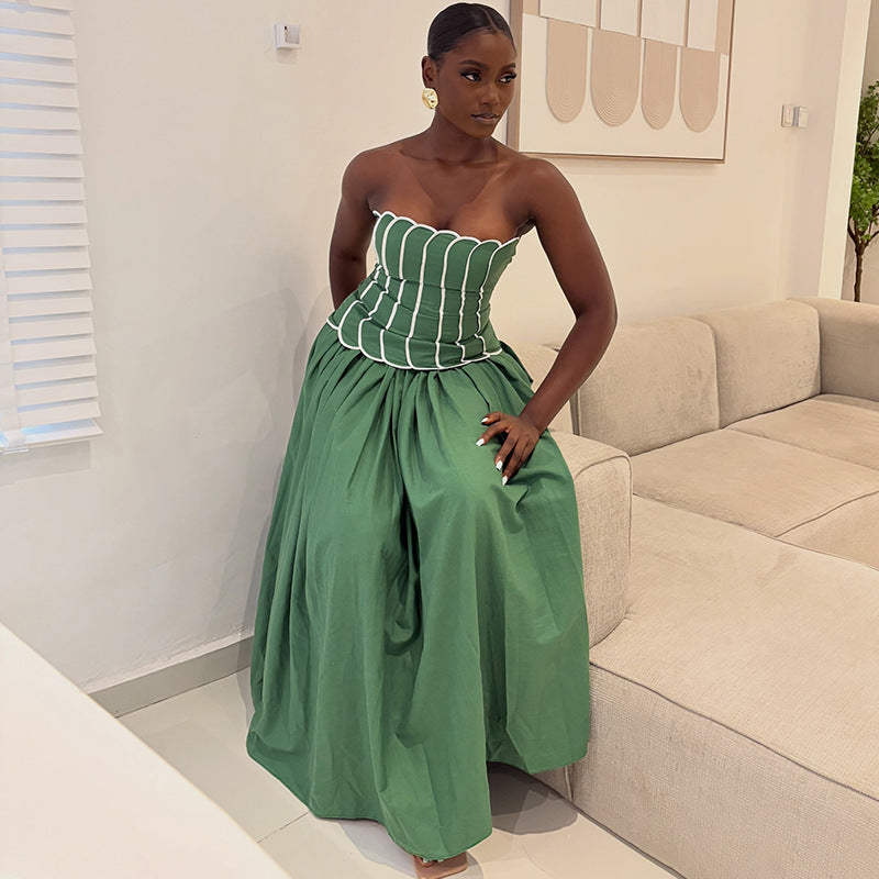 Color-Block Off-Shoulder Pleated Dress