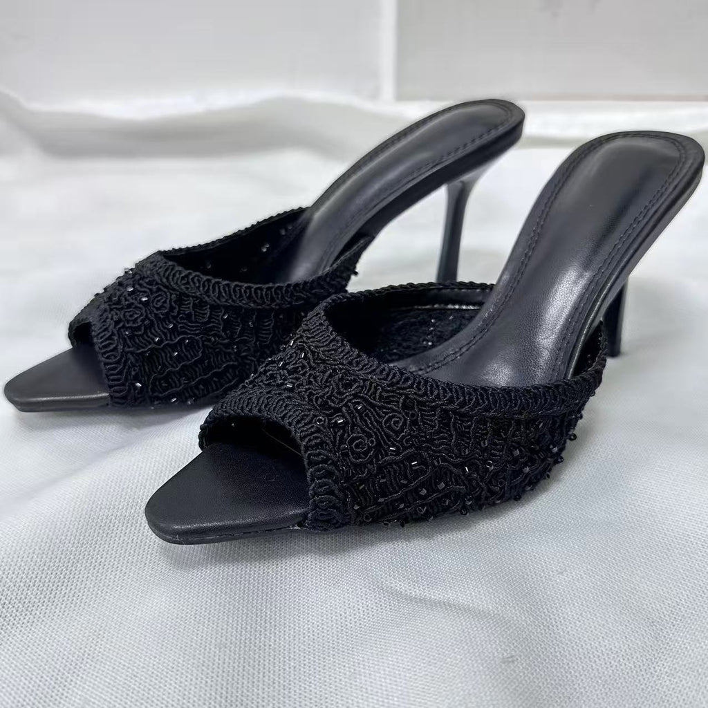Beaded Peep-Toe Mules – color detail