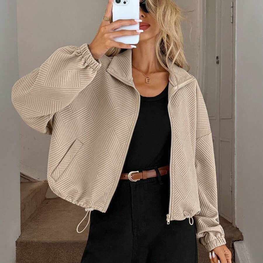 Textured High Neck Drawstring Jacket