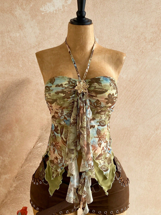 Floral Accent Mesh Halter Top