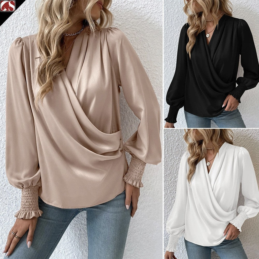 Balloon-Sleeve V-Neck Blouse
