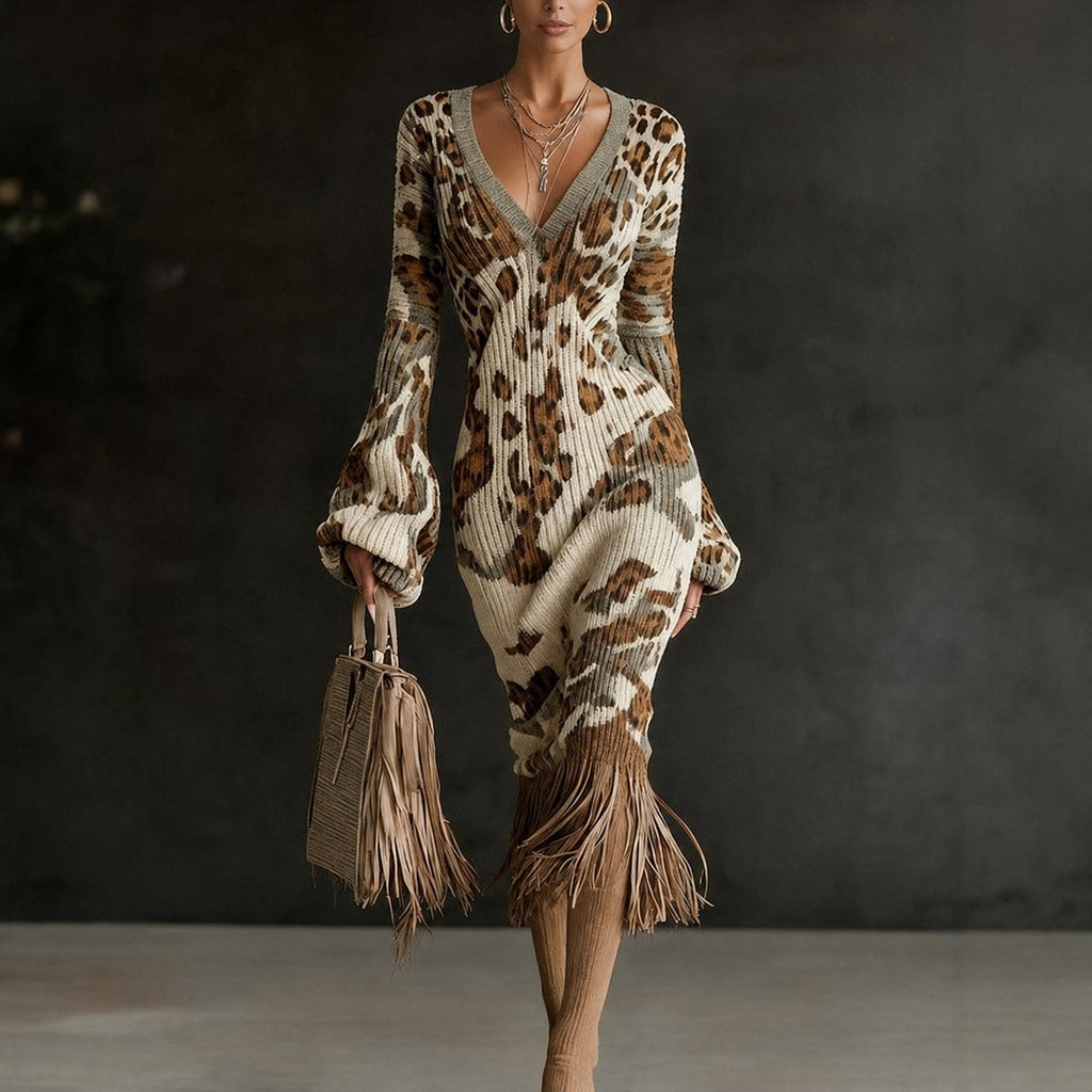 Printed Fringe Knit Dress