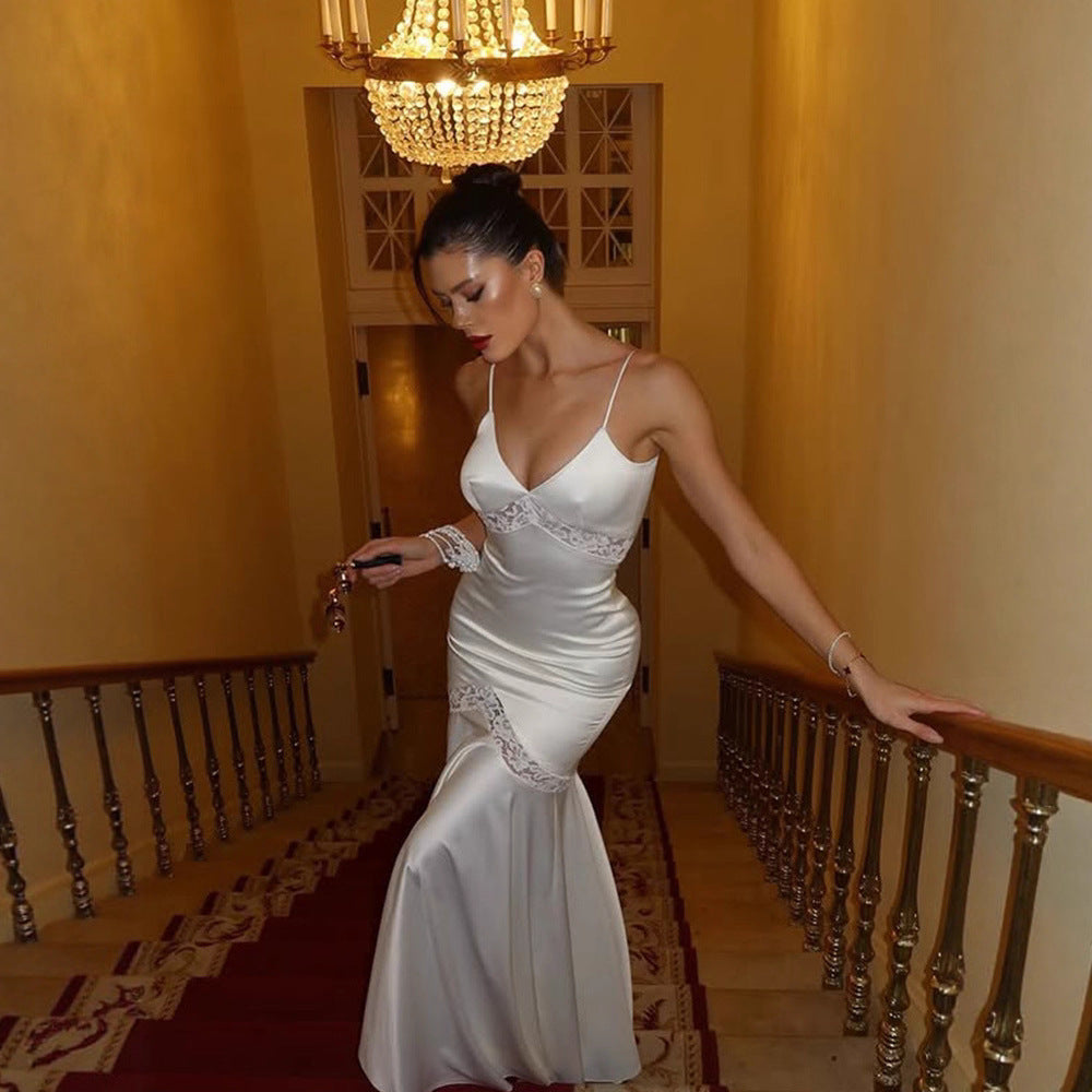 Lace-Trim V-Neck Maxi Dress