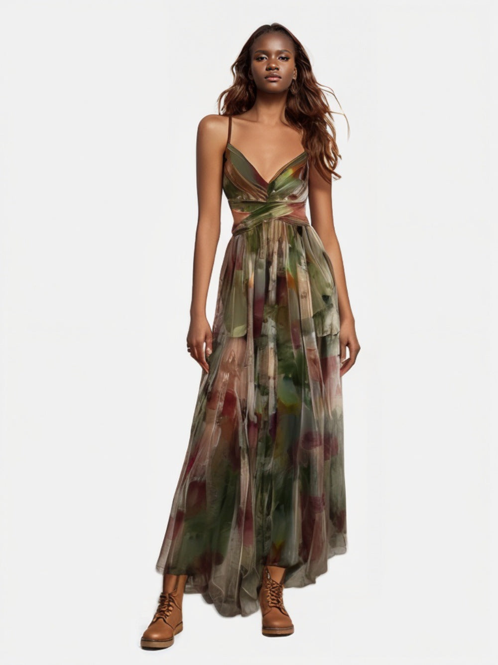 Printed Mesh Maxi Dress - Army Green