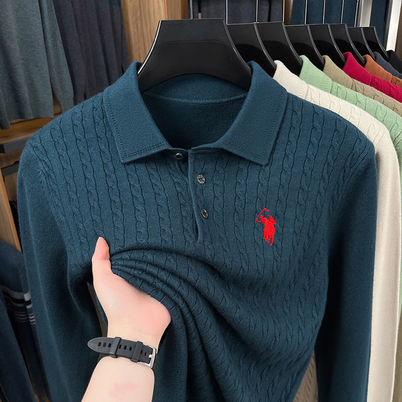 Embroidered Cable-Knit Polo Sweater