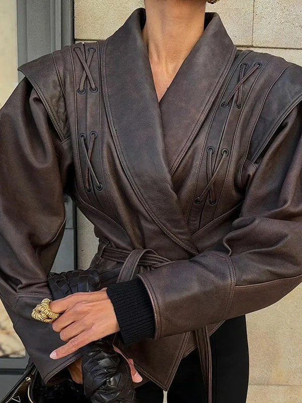 Elegant Faux Leather Belted Jacket