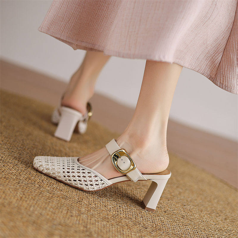 Woven Leather Block-Heel Sandals