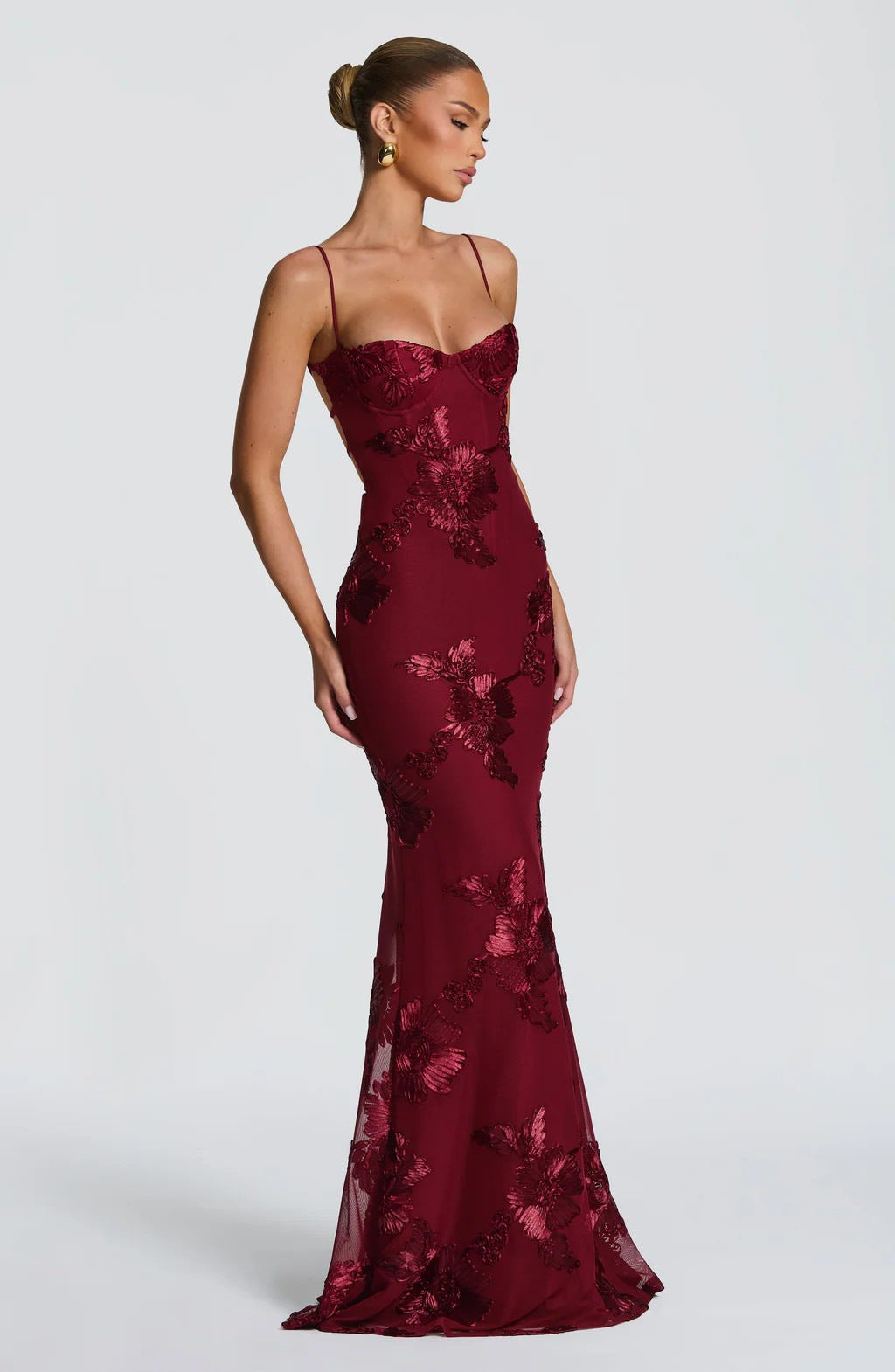 Floral Open-Back Maxi Dress - Wine Red