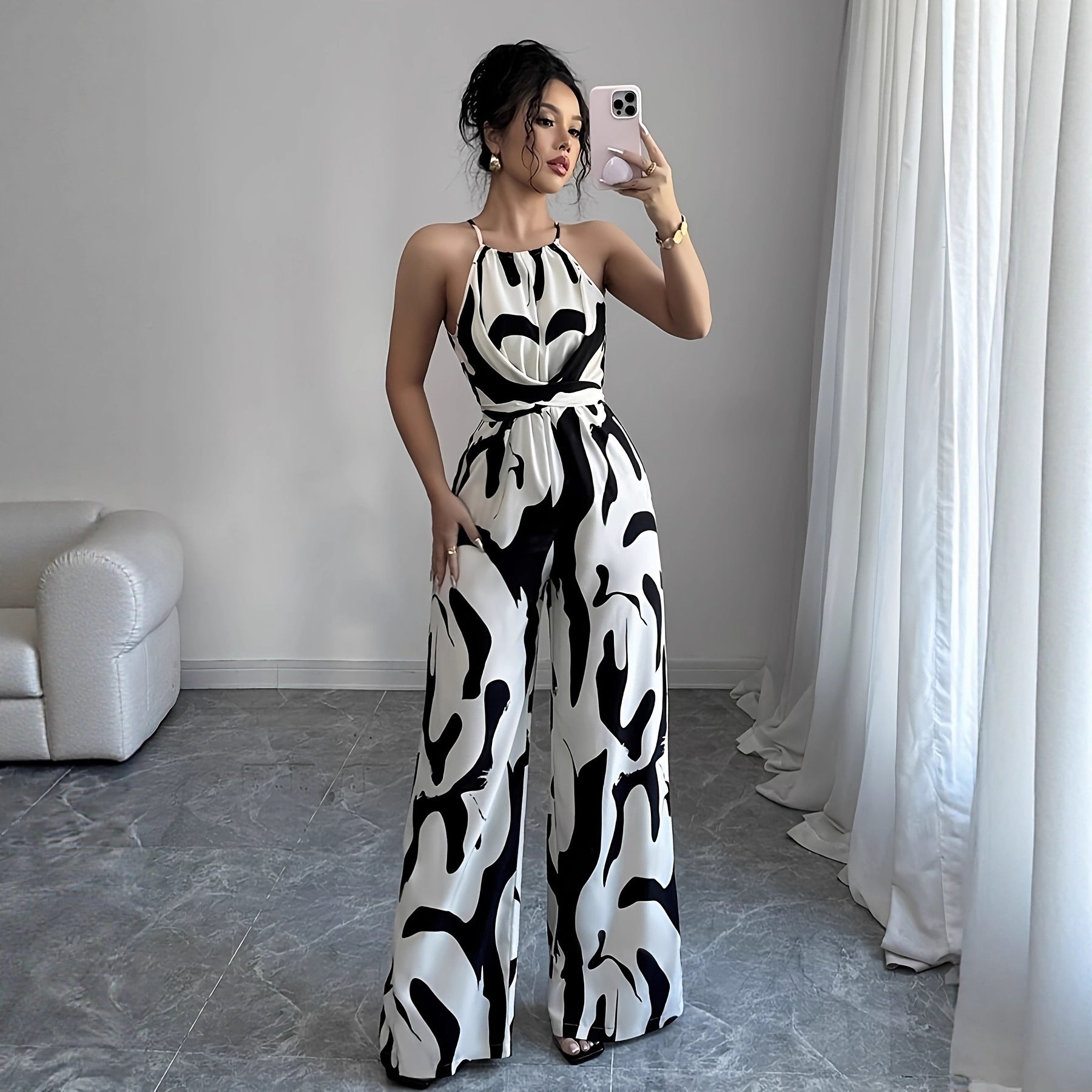 Abstract Print Halter Jumpsuit
