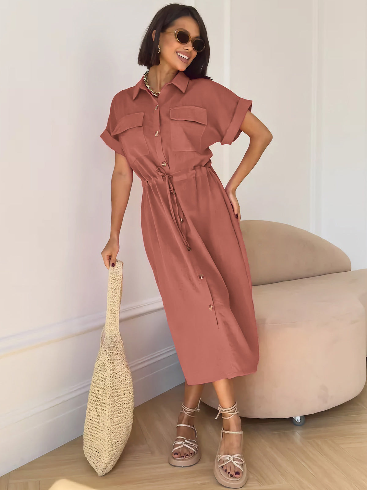 Drawstring Waist Shirt Dress