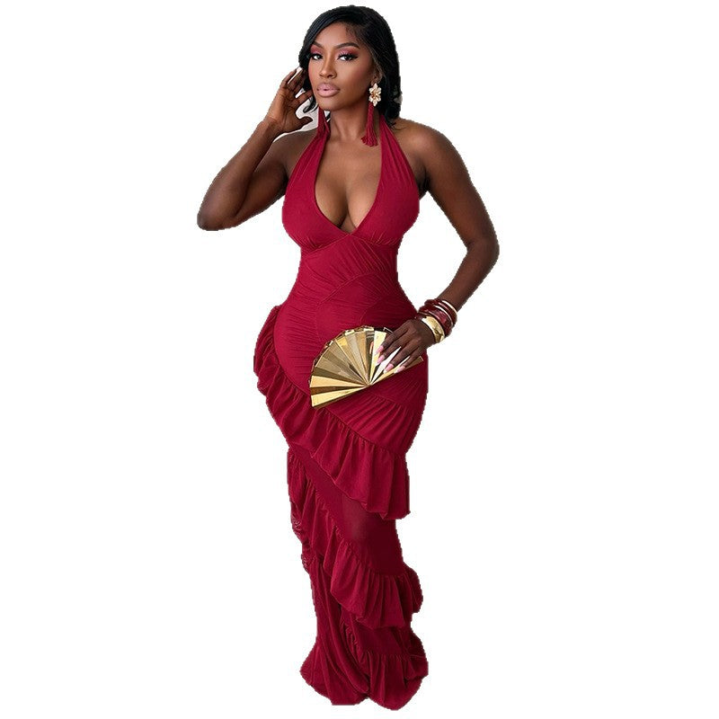 V-Neck Tie Ruffle Bodycon Dress
