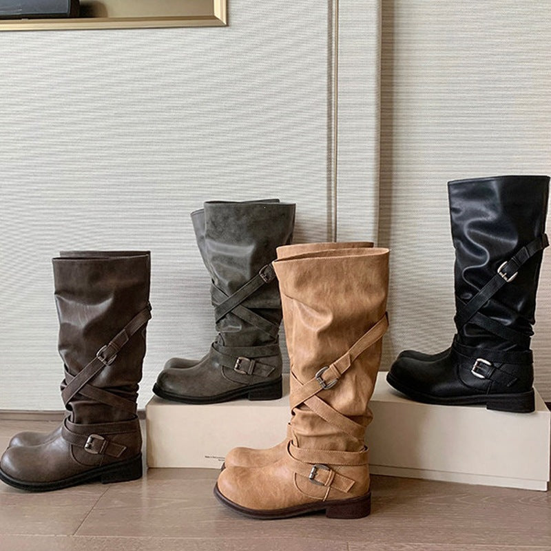 Distressed Buckle Riding Boots