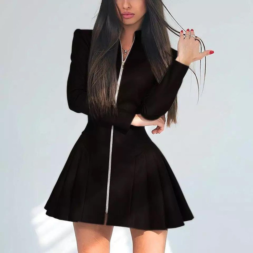 Zip Front Faux Leather Pleated Dress