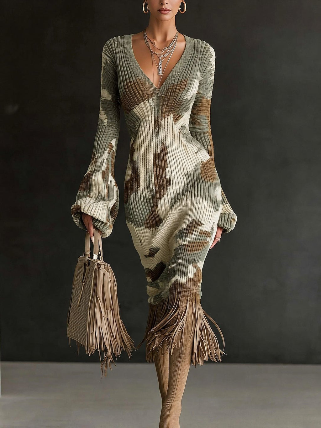 Printed Fringe Knit Dress