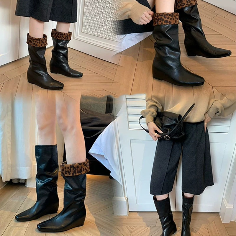 Cuffed Leather Mid-Calf Boots