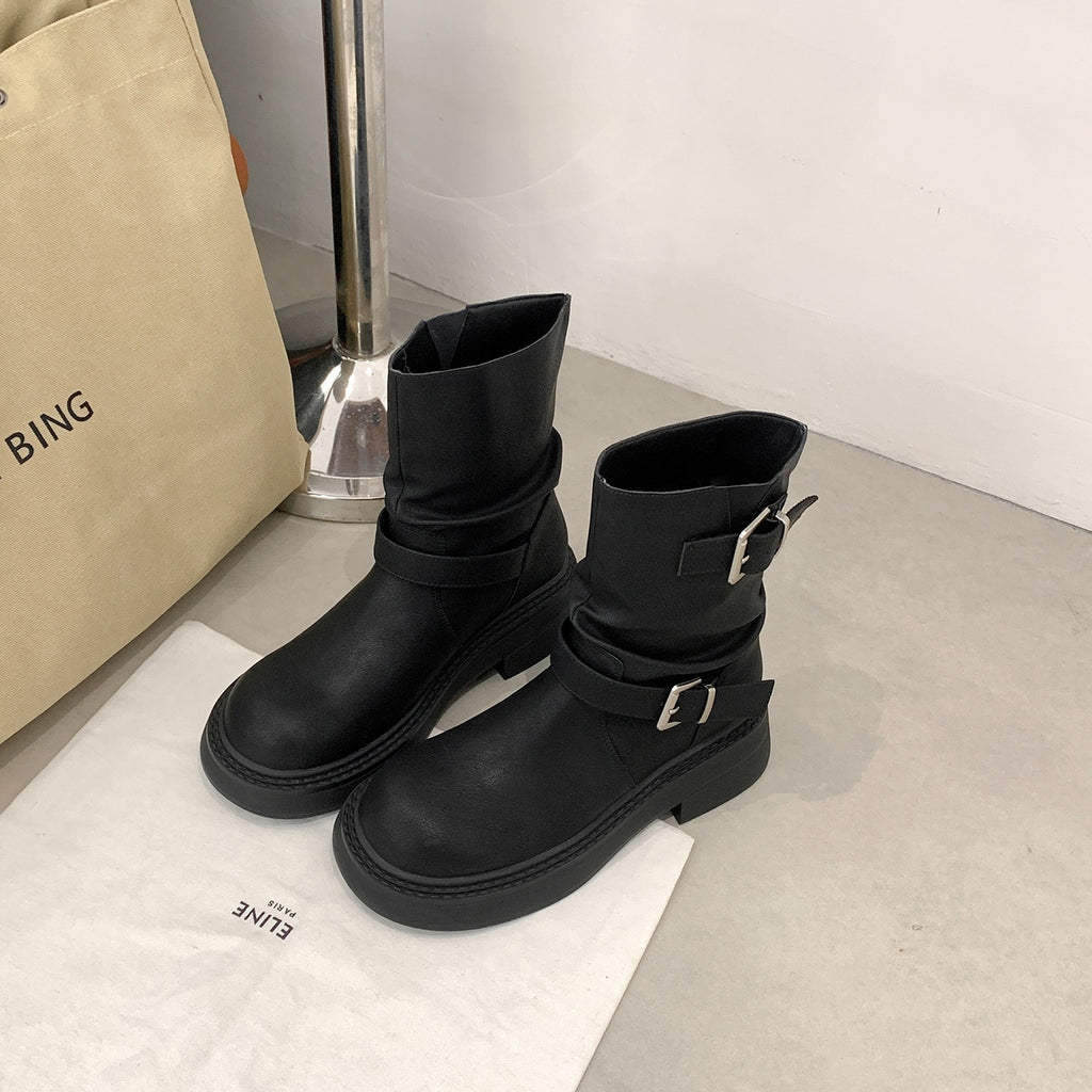 Buckle Block-Heel Boots
