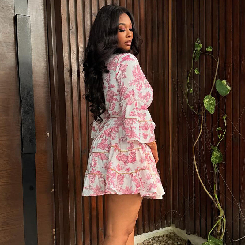 Printed V-Neck Flare-Sleeve Dress