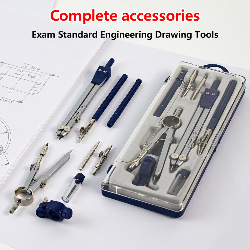 Precision construction machinery design and drawing tools, students study and take exams, metal alloy compass set, drawing compass