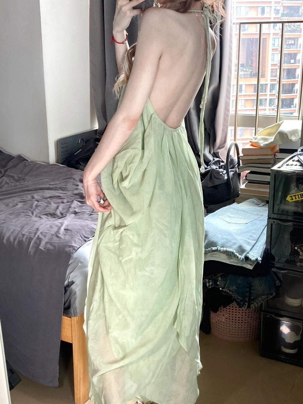 Green Backless Halter Maxi Dress