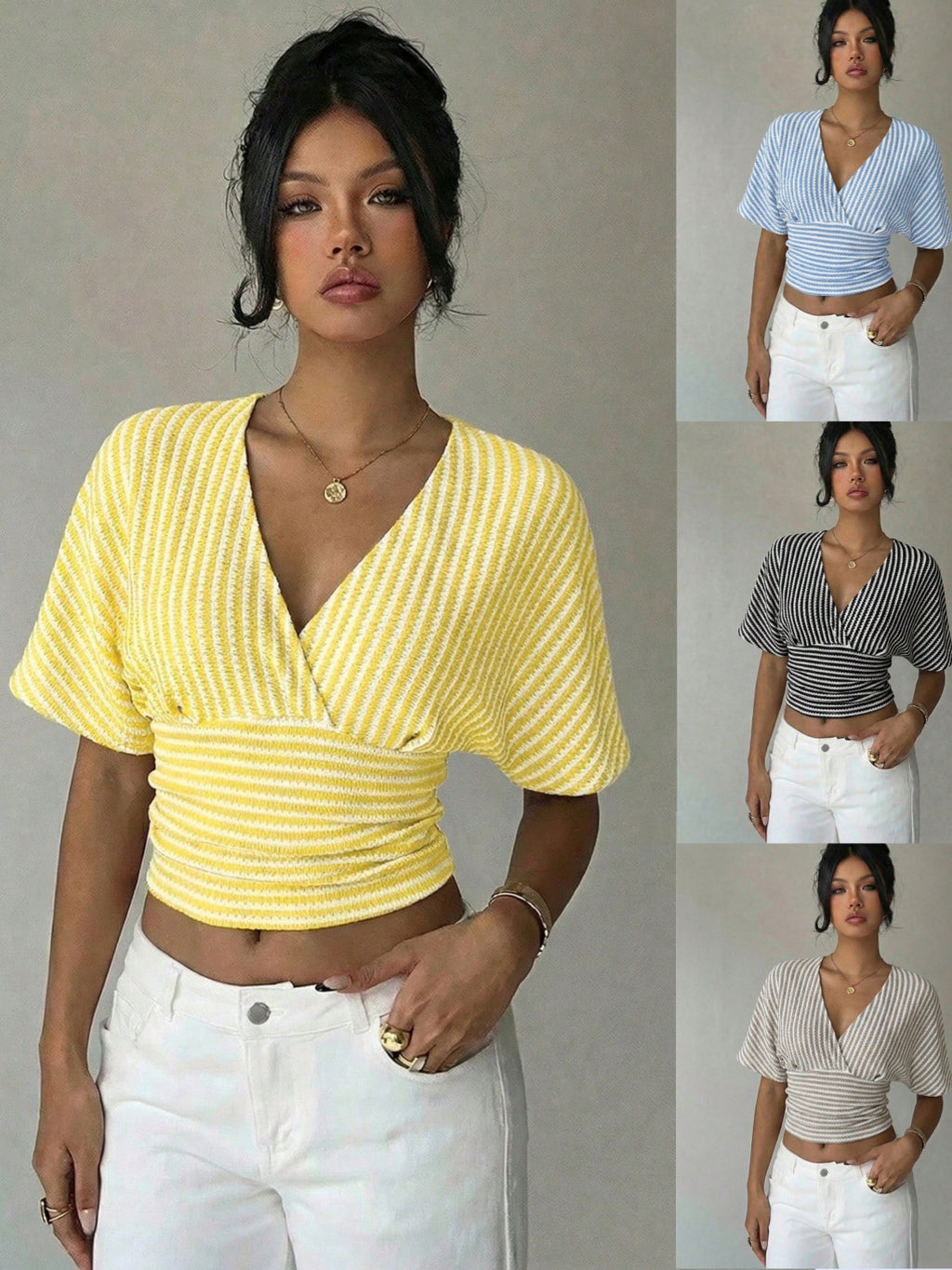 Striped V Neck Batwing Sleeve Wrap Top