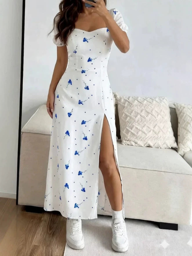 Sweetheart Neck Floral Slit Dress