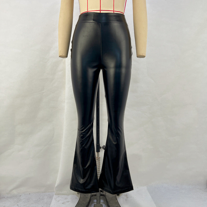 High-Waist PU Flared Trousers