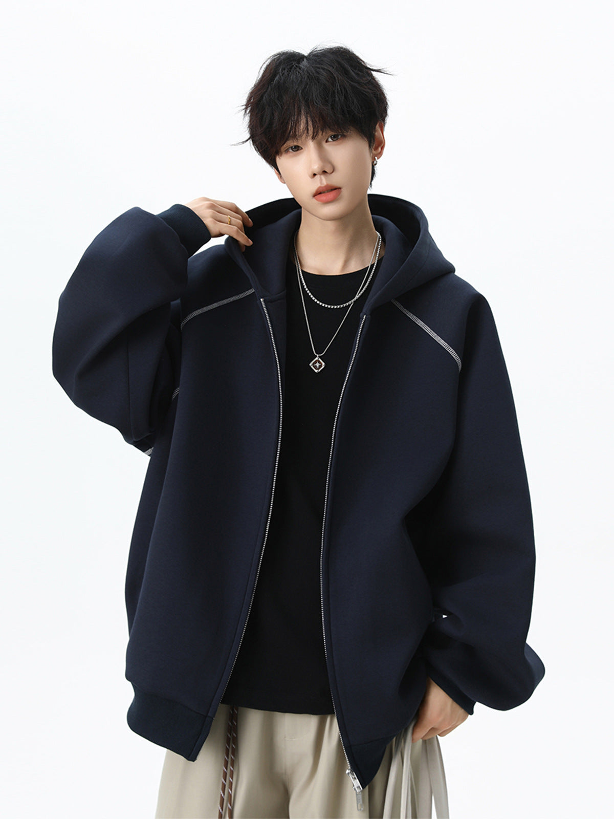 Oversized Contrast-Stitch Zip Hoodie