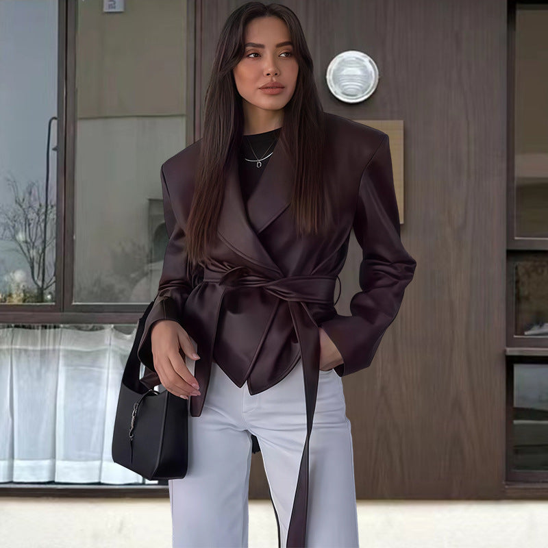 Elegant Faux Leather Wrap Blazer