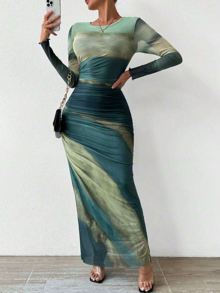 Elegant Printed Mesh Ruched Maxi Dress