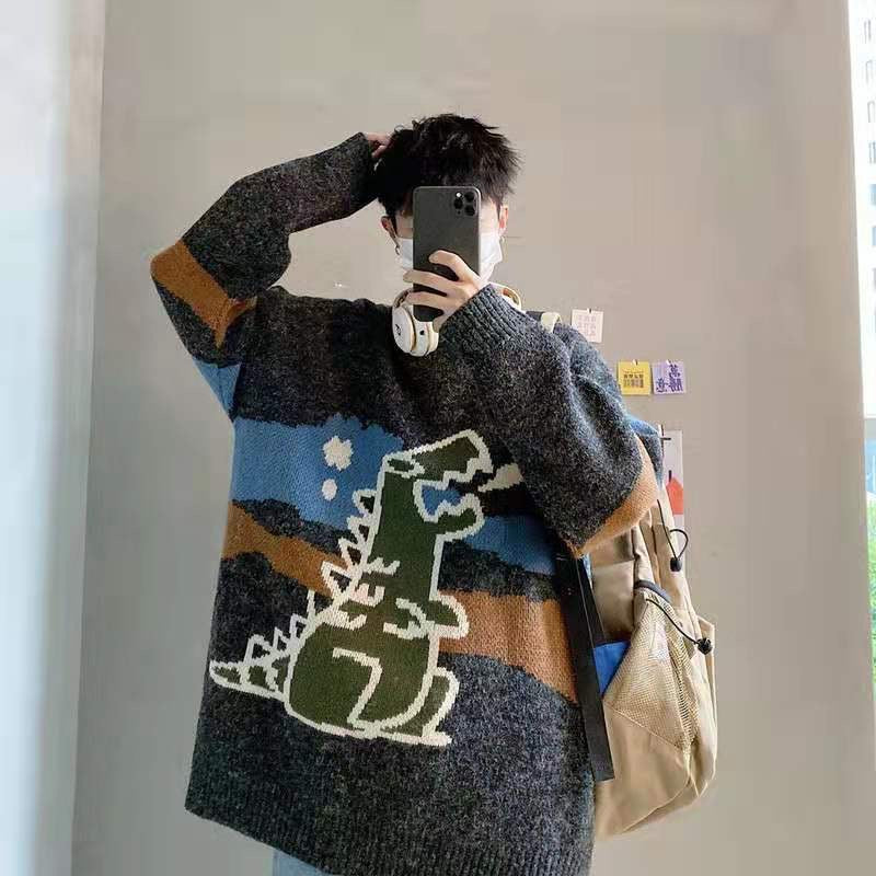 Oversized Dinosaur Intarsia Knit Sweater