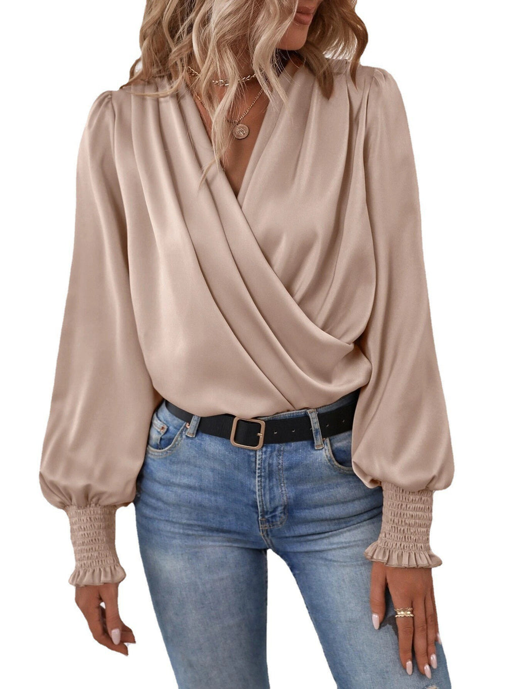 Balloon-Sleeve V-Neck Blouse