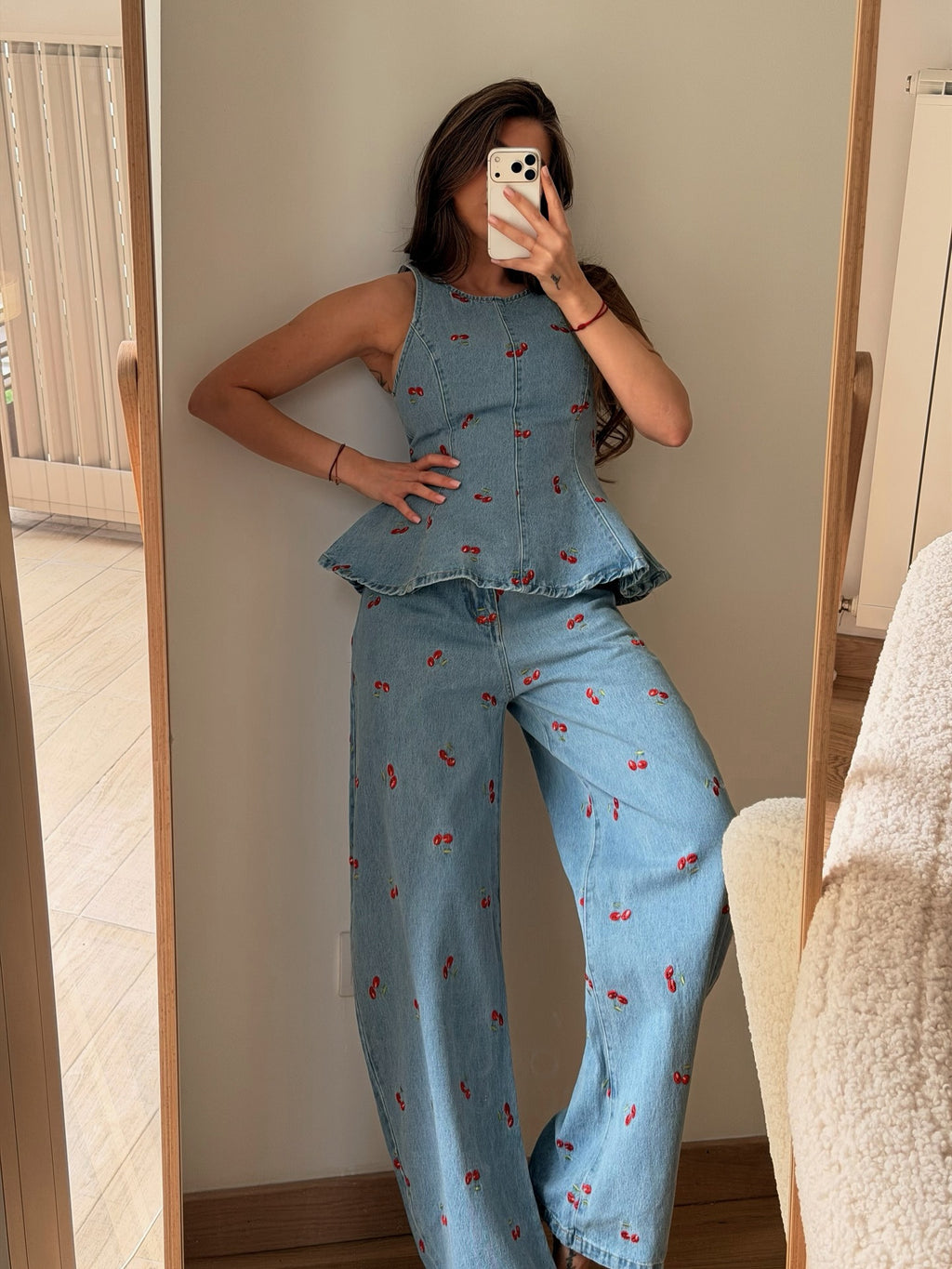 Cherry Print Denim Peplum Top and Wide Leg Pants Set