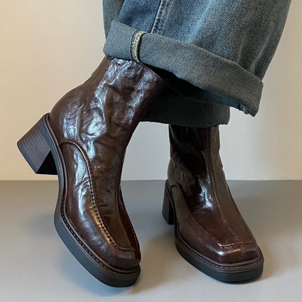 Square-Toe Leather Ankle Boots
