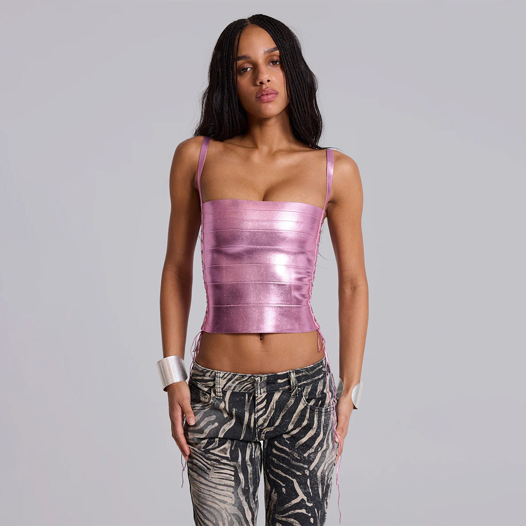 Metallic Lace Up Bandage Corset Top