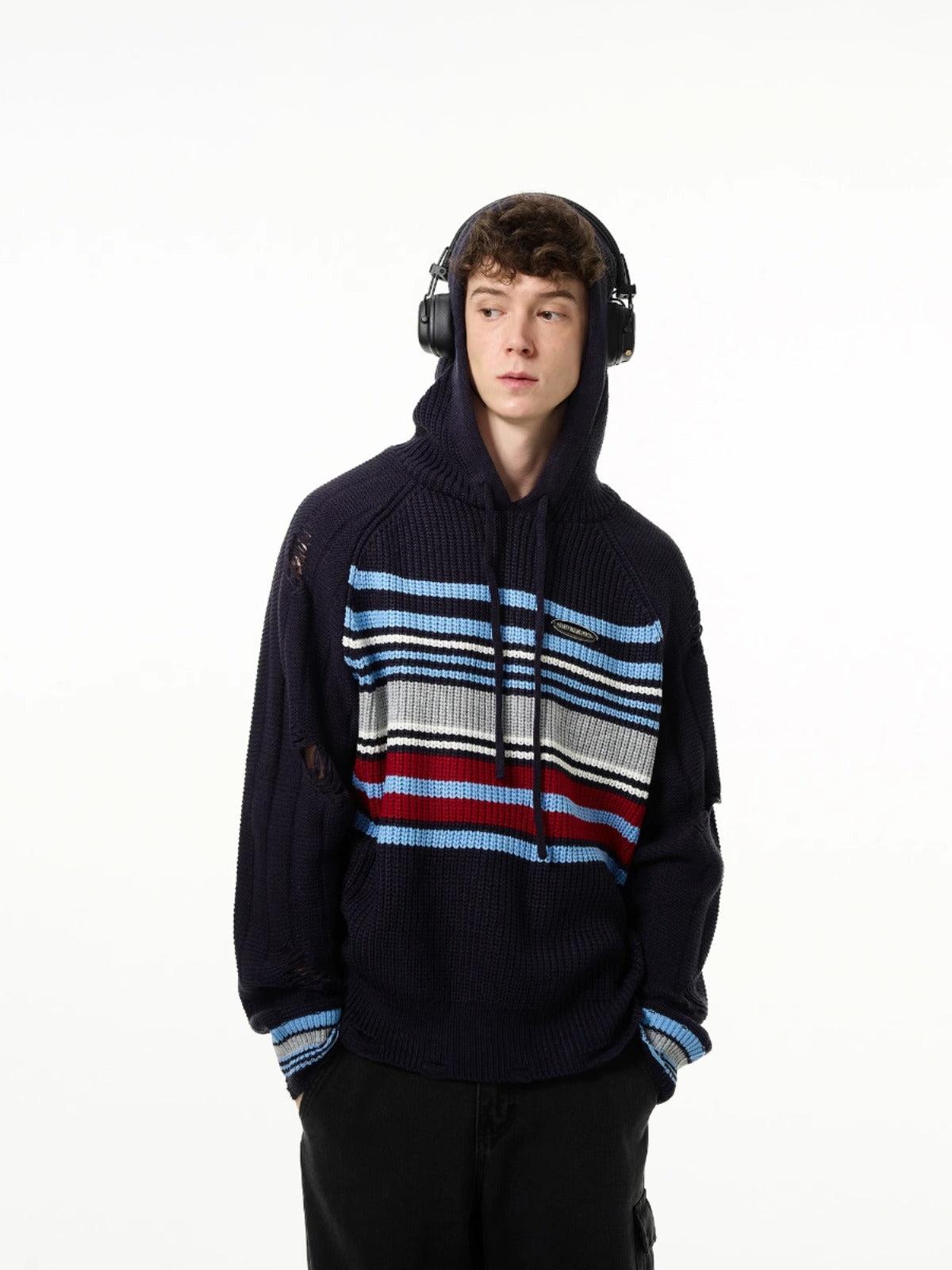 Distressed Striped Knit HoodieDistressed Striped Knit Hoodie