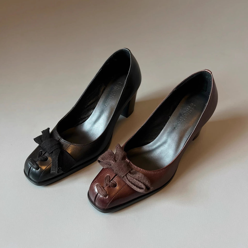 Bow Leather Block-Heel Pumps