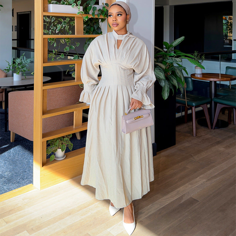 Flare-Sleeve Pleated Dress