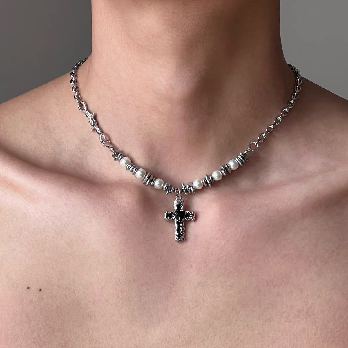 New 2025 pearl special-shaped stone splicing cross necklace versatile personality collarbone niche design for men and women hip-hop