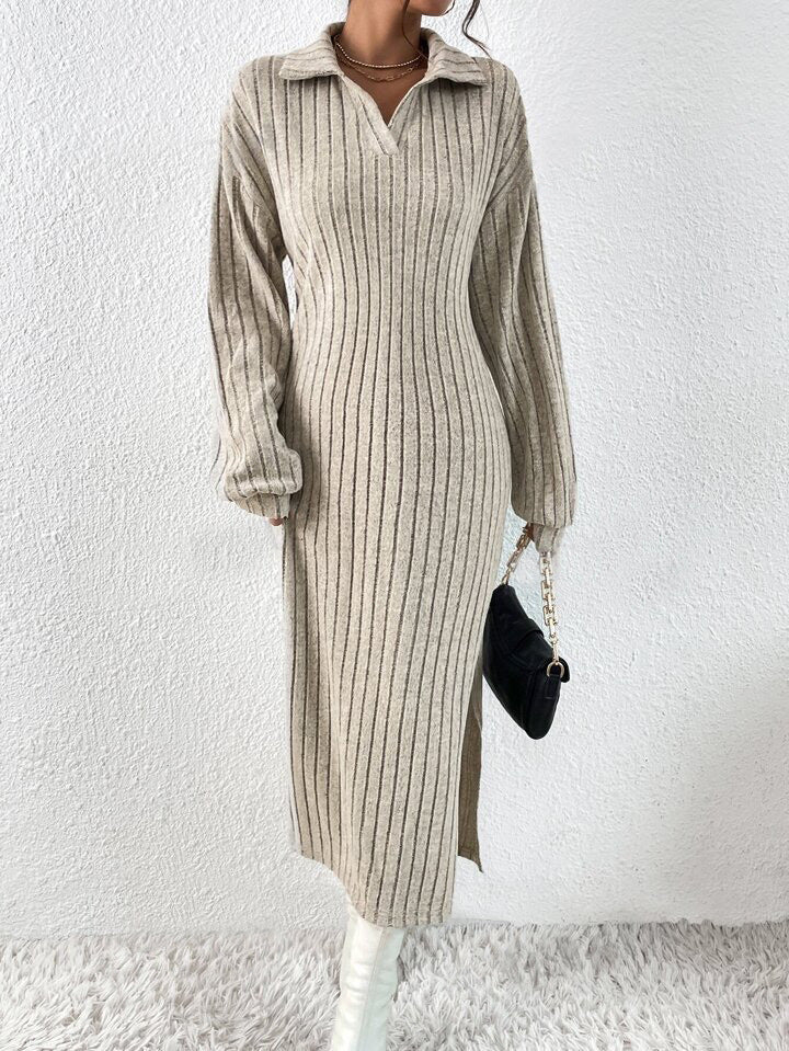 Polo Collar Ribbed Knit Dress